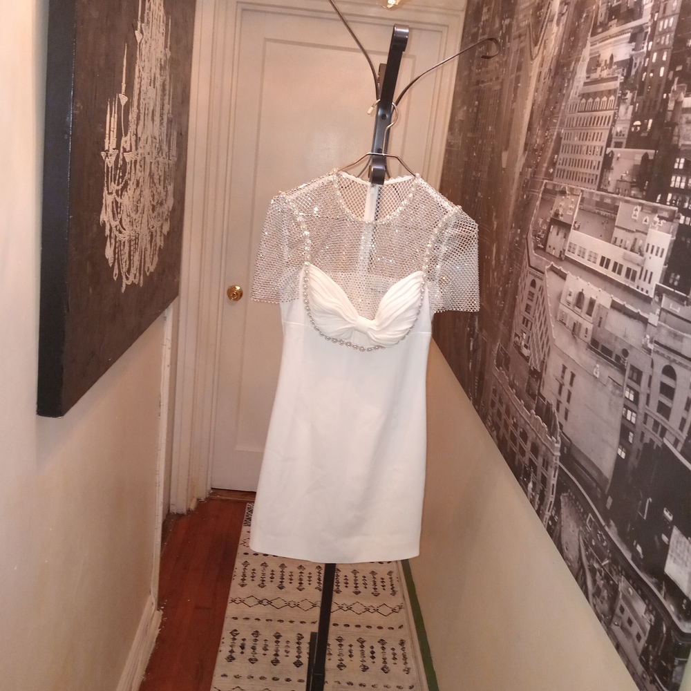 Self-Portrait White Mini Dress with Mesh Overlay